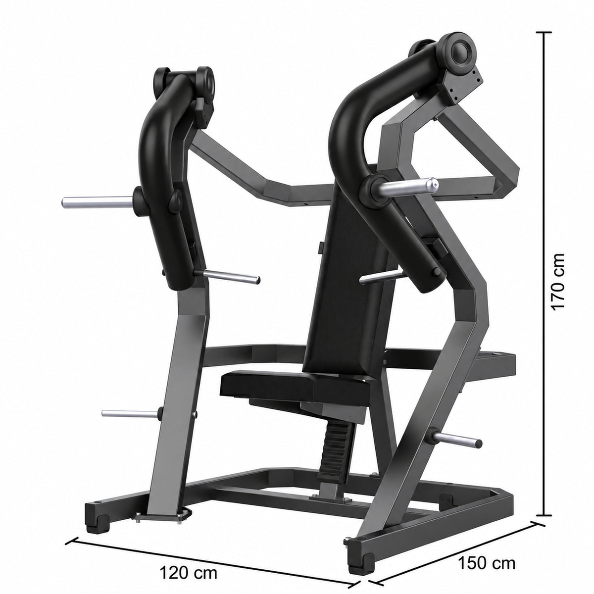 DHZ Y900 Y905 Brustpresse (Chest Press) in Schwarz-Schwarz – Maßzeichnung mit Geräteabmessungen