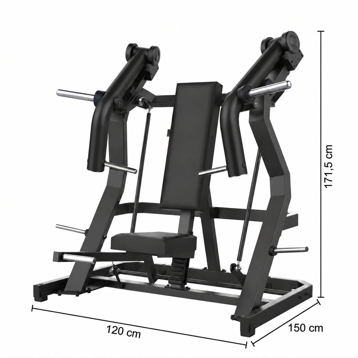 DHZ Y900 Y905L Brustpresse (Chest Press) mit Einstiegshilfe in Schwarz-Schwarz – Maßzeichnung mit Geräteabmessungen
