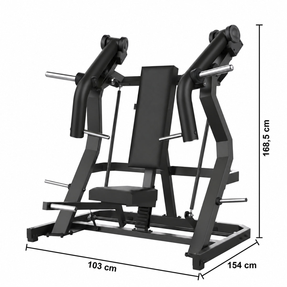 DHZ Y900 Y915L Schrägbank-Brustpresse (Incline Chest Press) mit Einstiegshilfe in Schwarz-Schwarz – Maßzeichnung mit Geräteabmessungen