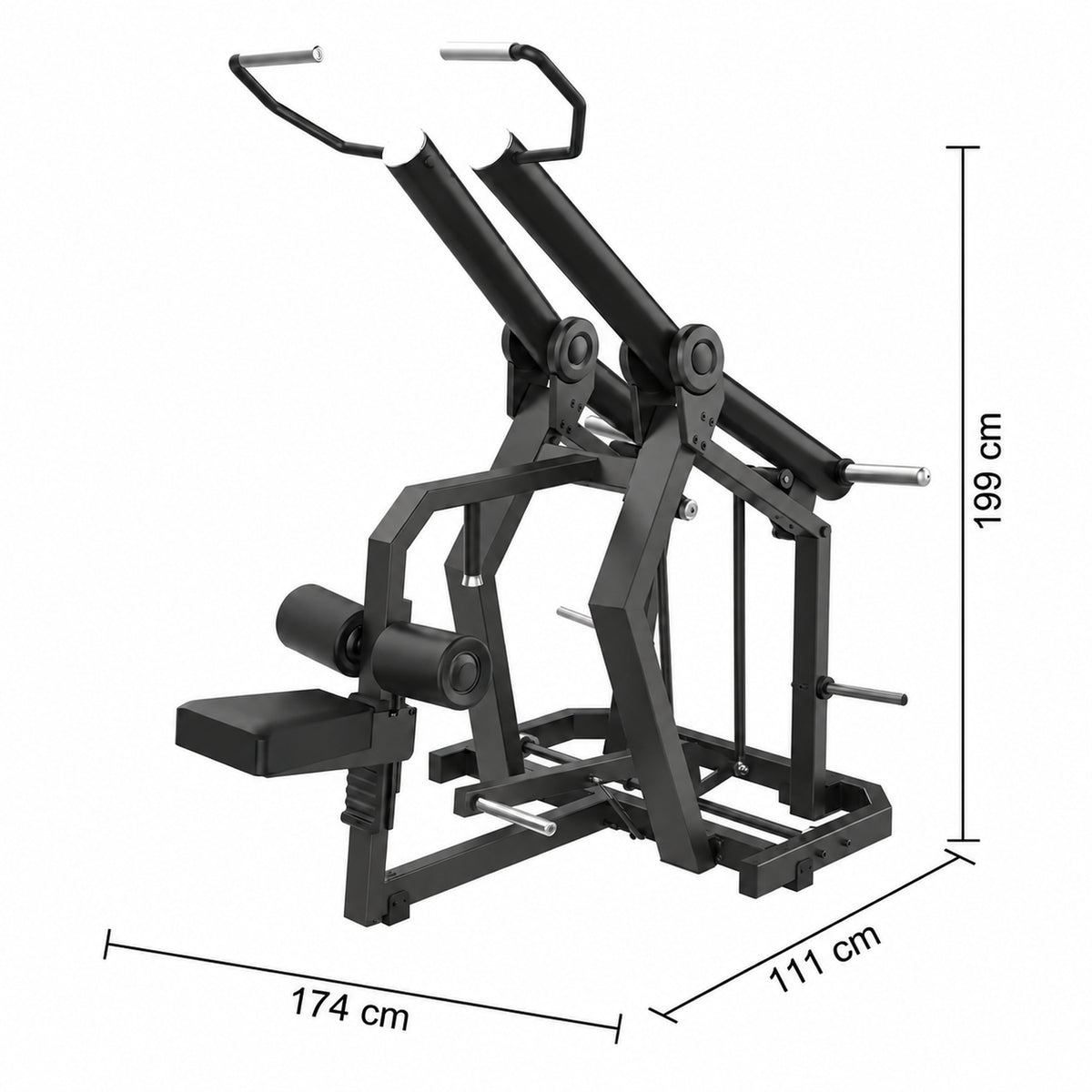 DHZ Y900 Y920L Latzugmaschine (Pull Down) mit Einstiegshilfe in Schwarz-Schwarz – Maßzeichnung mit Geräteabmessungen