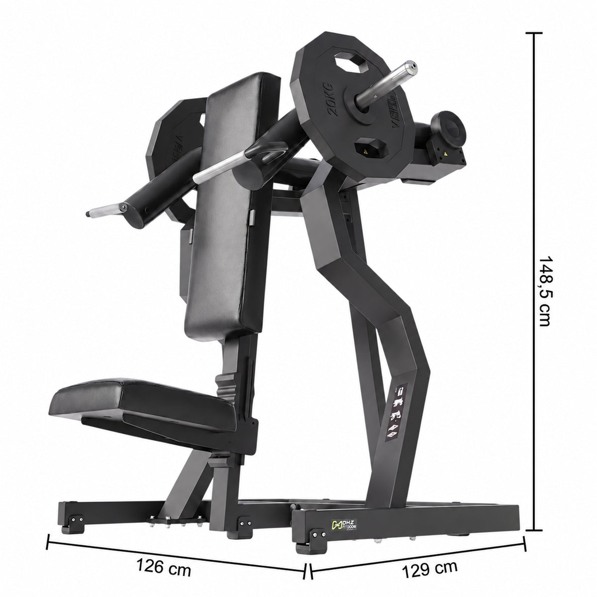 DHZ Y900 Y935 Schulterpresse (Shoulder Press) in Schwarz-Schwarz – Maßzeichnung mit Geräteabmessungen