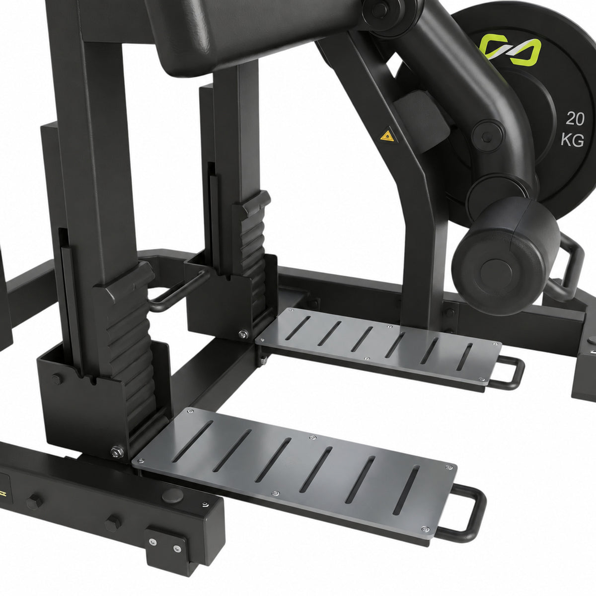 DHZ Y900 Y955 Beinbeuger (Leg Curl) in Schwarz-Schwarz – Detail der Fußplattenverstellung