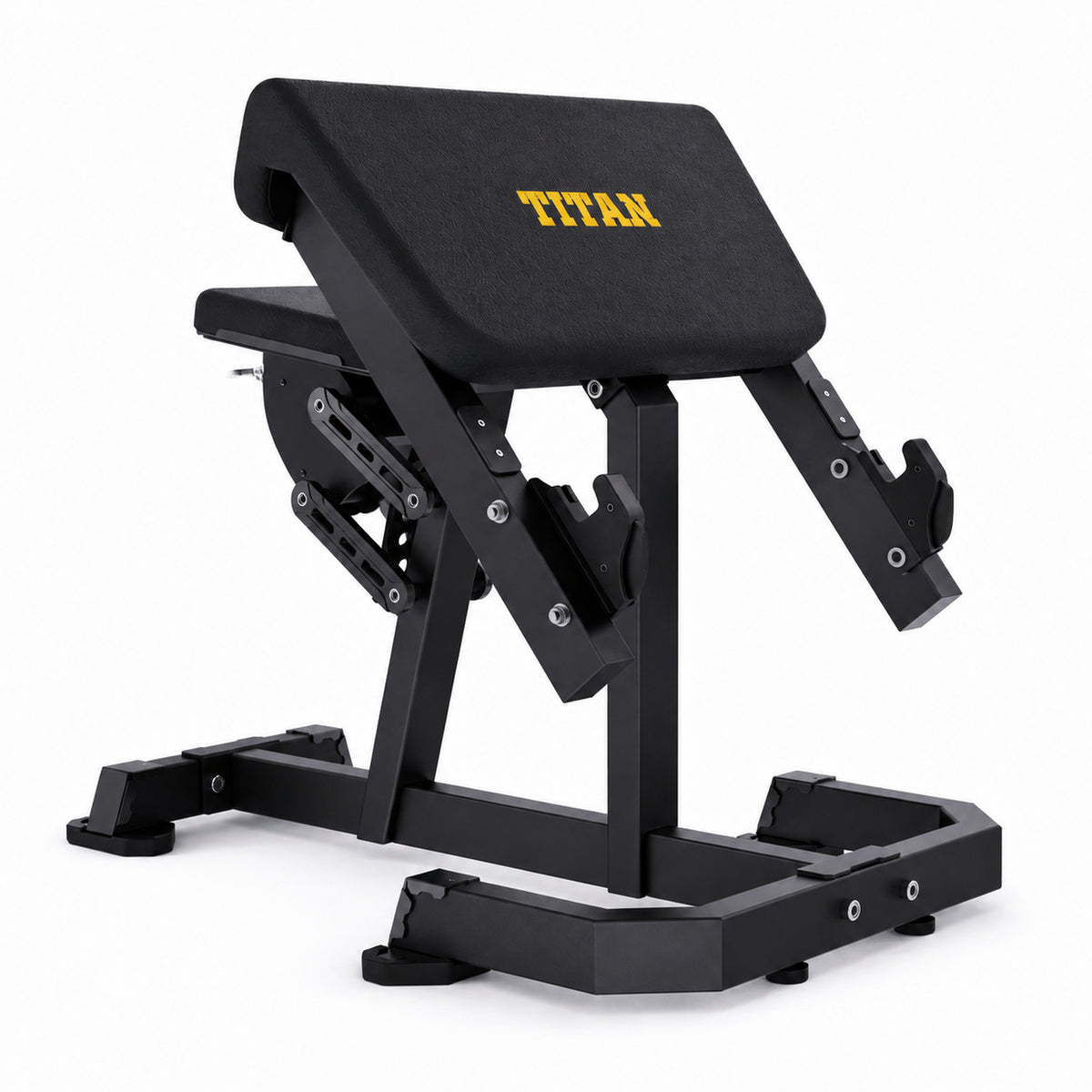 DHZ TITAN Mechanix Y976ZA Seated Preacher Curl - Plate Loaded Bizepsbank für isoliertes Armtraining – seated preacher curl obsidian black perspektivansicht