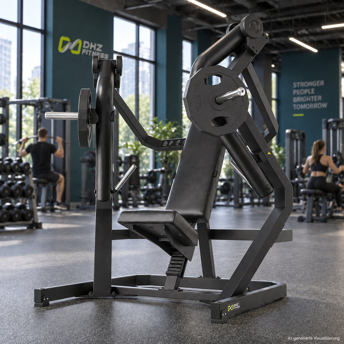 DHZ Y900 Y910 Decline-Brustpresse (Low Chest Press) in Schwarz-Schwarz in einem modernen Fitnessstudio – KI-generierte Visualisierung