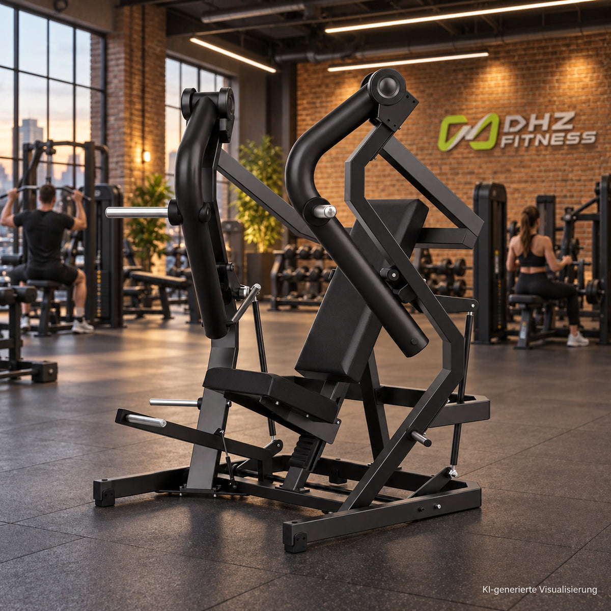 DHZ Y900 Y910L Decline-Brustpresse (Low Chest Press) mit Einstiegshilfe in Schwarz-Schwarz in einem modernen Fitnessstudio – KI-generierte Visualisierung