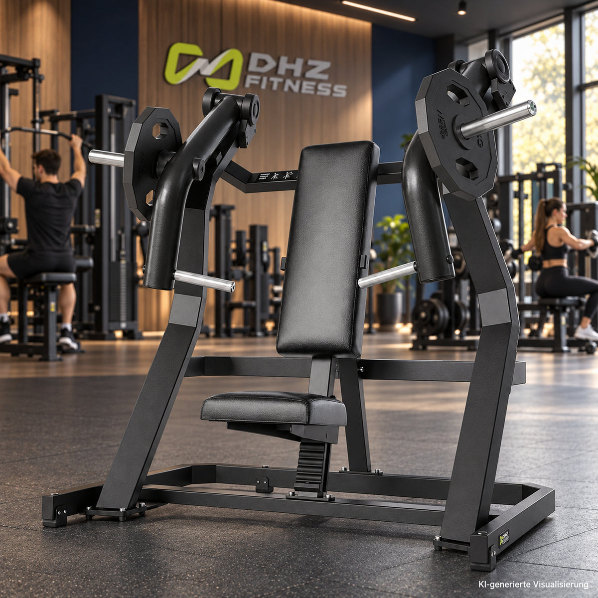 DHZ Y900 Y915 Schrägbank-Brustpresse (Incline Chest Press) in Schwarz-Schwarz in einem modernen Fitnessstudio – KI-generierte Visualisierung