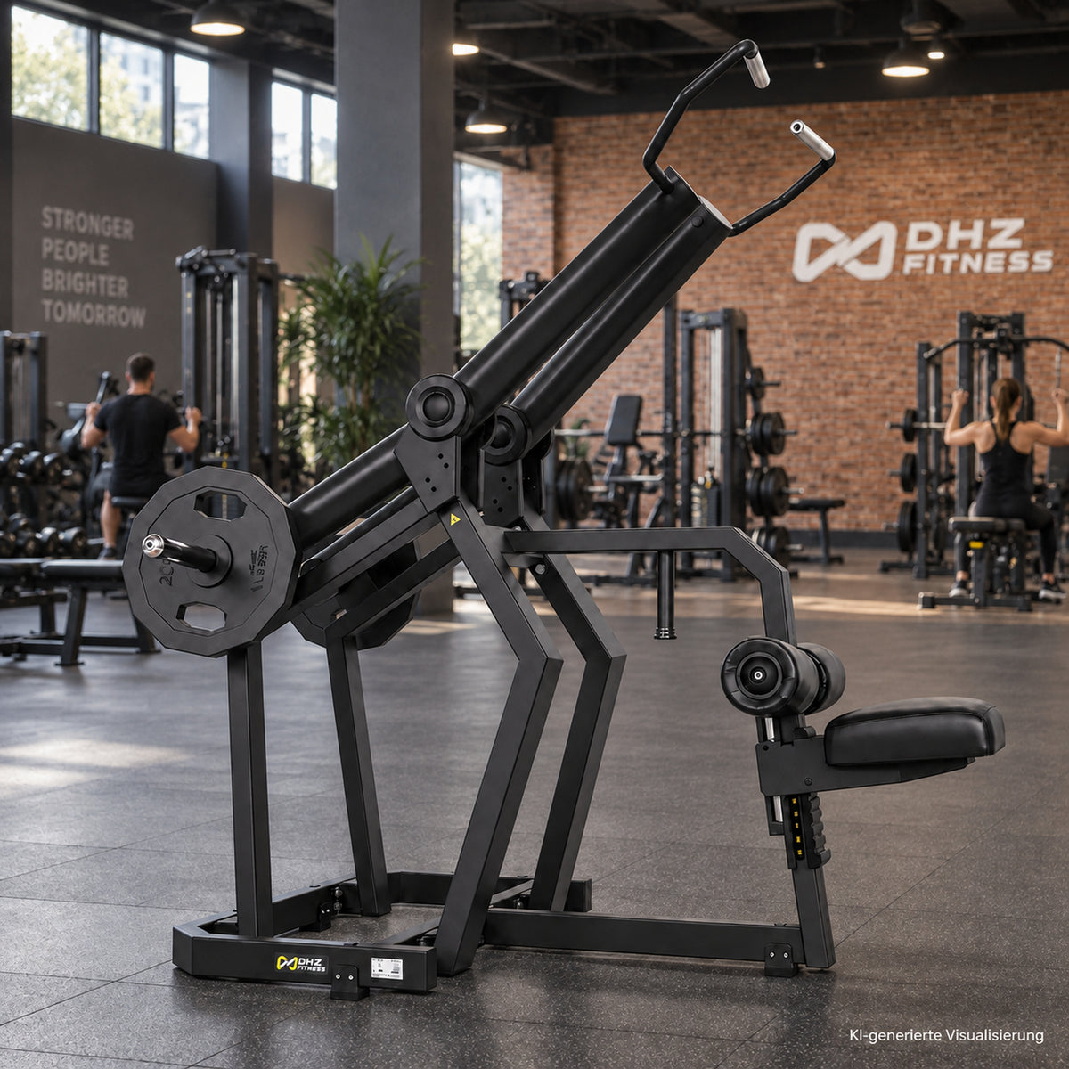 DHZ Y900 Y920 Latzugmaschine (Pull Down) in Schwarz-Schwarz in einem modernen Fitnessstudio – KI-generierte Visualisierung