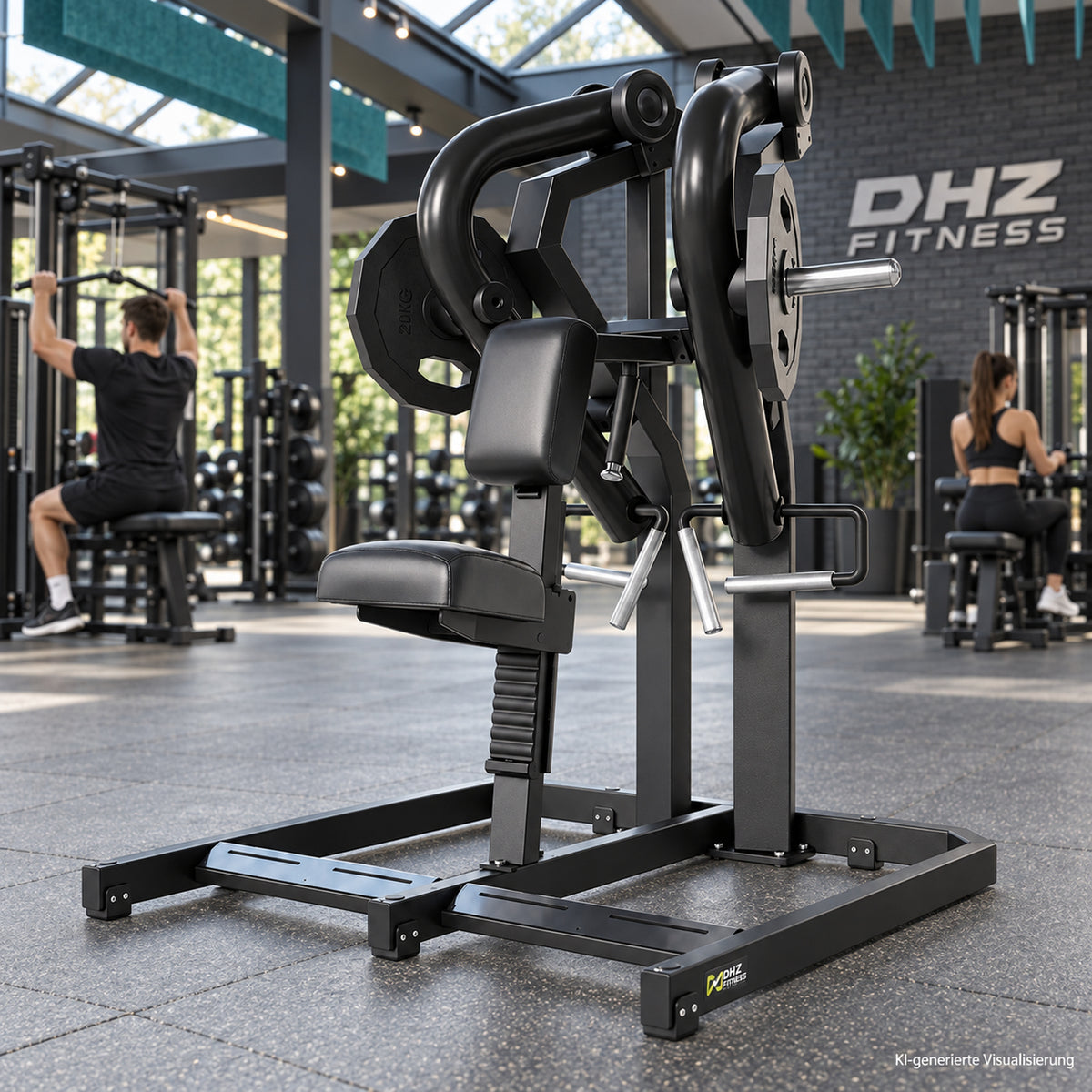 DHZ Y900 Y925 Rudergerät (Low Row) in Schwarz-Schwarz in einem modernen Fitnessstudio – KI-generierte Visualisierung