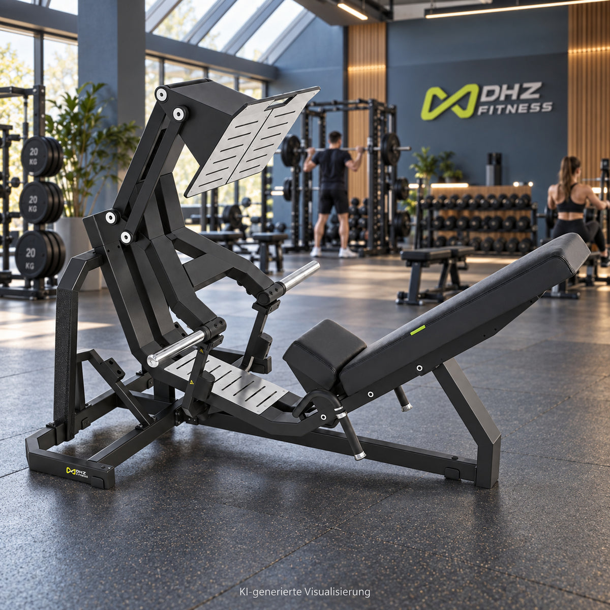 DHZ Y900 Y950 Beinpresse (Leg Press) in Schwarz-Schwarz in einem modernen Fitnessstudio – KI-generierte Visualisierung