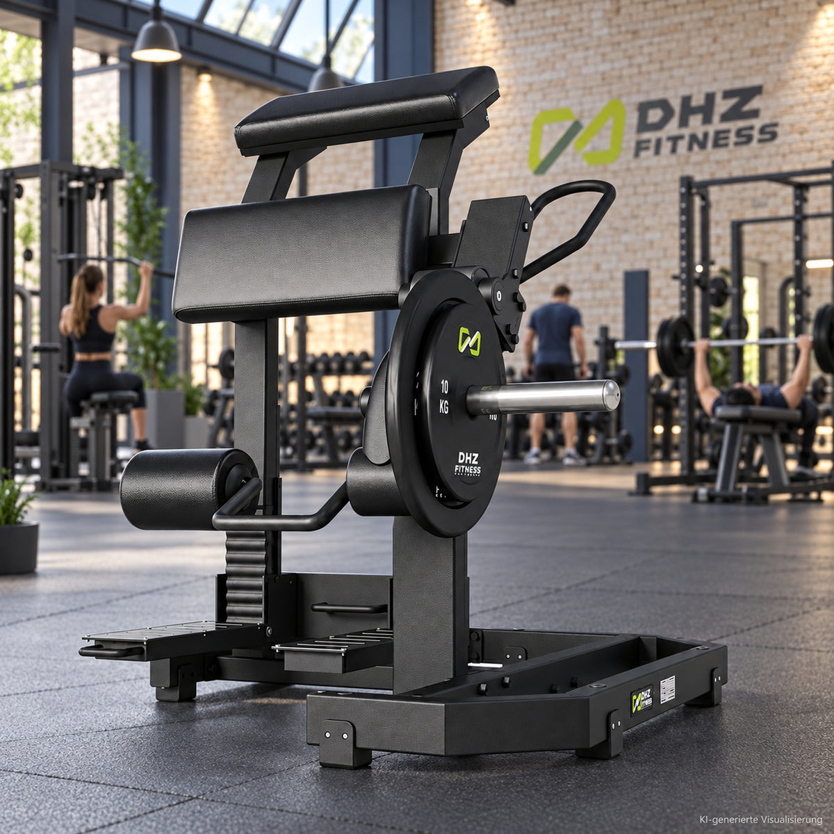 DHZ Y900 Y955 Beinbeuger (Leg Curl) in Schwarz-Schwarz in einem modernen Fitnessstudio – KI-generierte Visualisierung