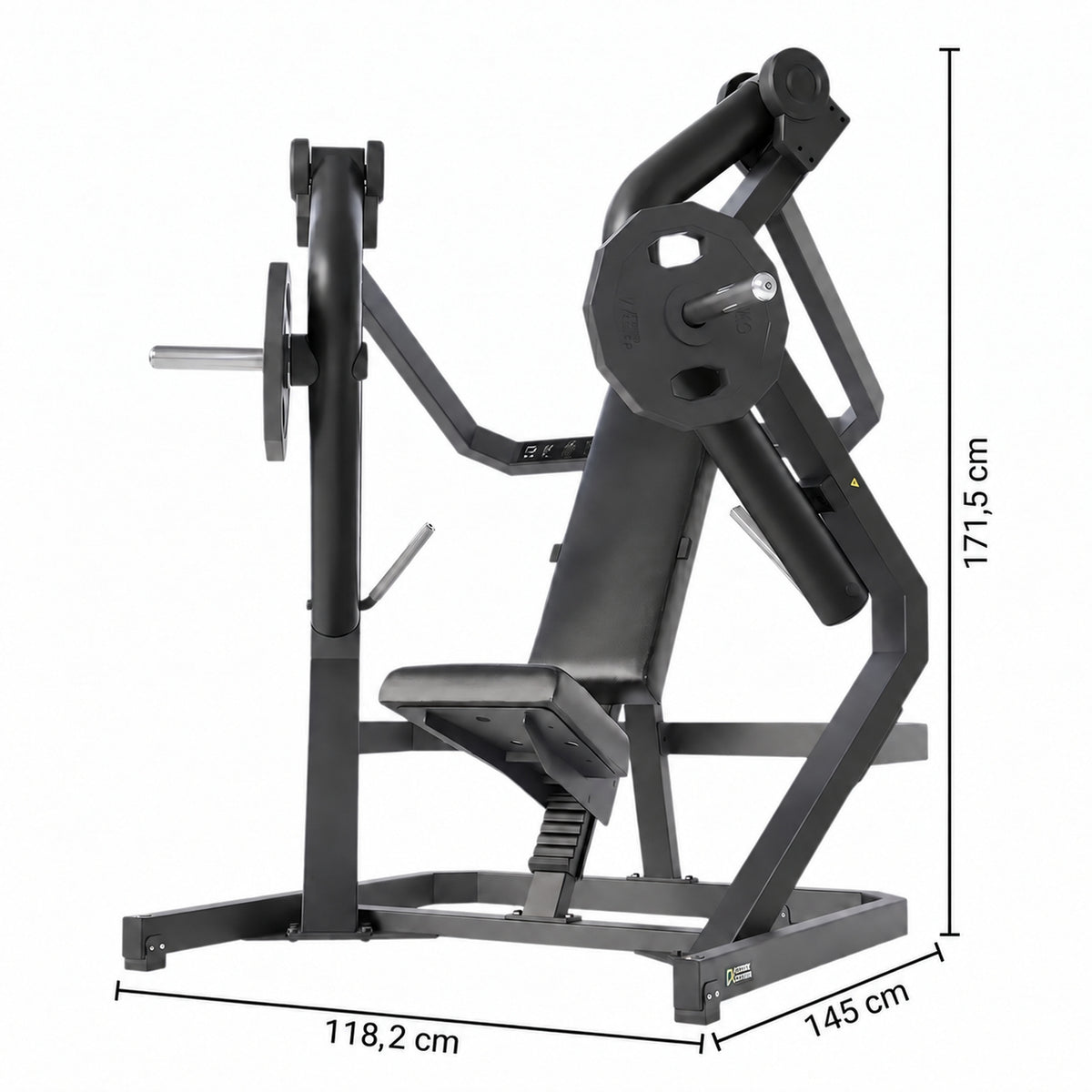 DHZ Y900 Y910 Decline-Brustpresse (Low Chest Press) in Schwarz-Schwarz – Maßzeichnung mit Geräteabmessungen