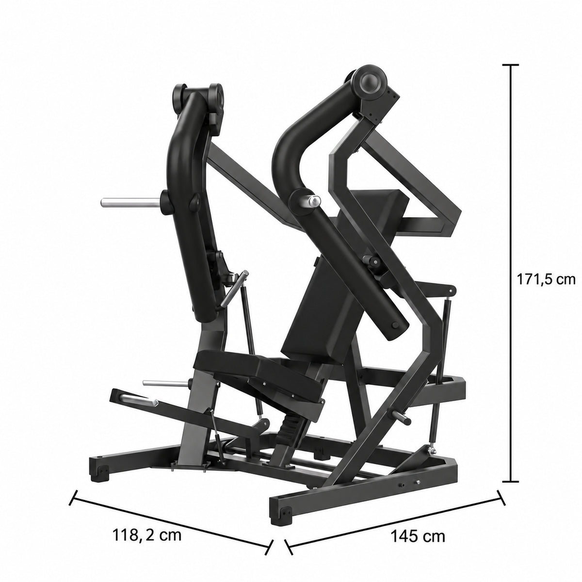 DHZ Y900 Y910L Decline-Brustpresse (Low Chest Press) mit Einstiegshilfe in Schwarz-Schwarz – Maßzeichnung mit Geräteabmessungen