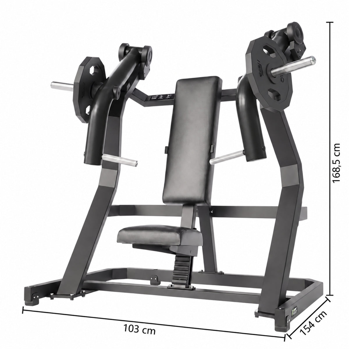 DHZ Y900 Y915 Schrägbank-Brustpresse (Incline Chest Press) in Schwarz-Schwarz – Maßzeichnung mit Geräteabmessungen