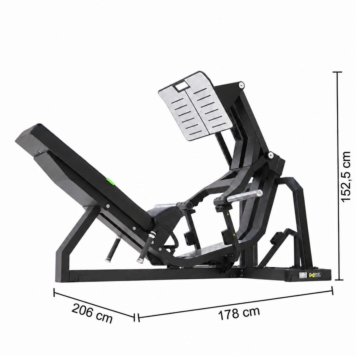DHZ Y900 Y950 Beinpresse (Leg Press) in Schwarz-Schwarz – Maßzeichnung mit Geräteabmessungen