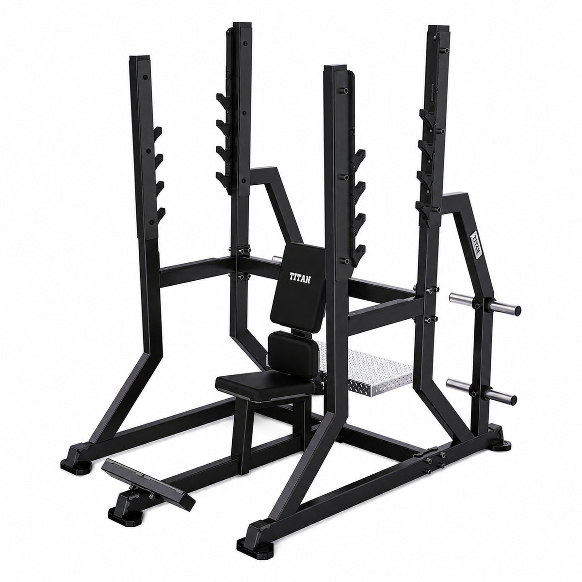 DHZ TITAN Mechanix Y974ZA Olympic Military Bench - Plate Loaded Schulterpresse Bank für Langhanteltraining – olympic military bench obsidian black ansicht links