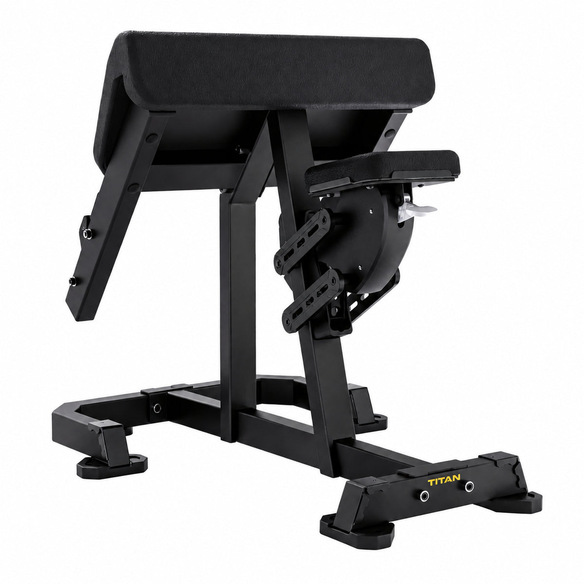 DHZ TITAN Mechanix Y976ZA Seated Preacher Curl - Plate Loaded Bizepsbank für isoliertes Armtraining – seated preacher curl obsidian black rueckansicht