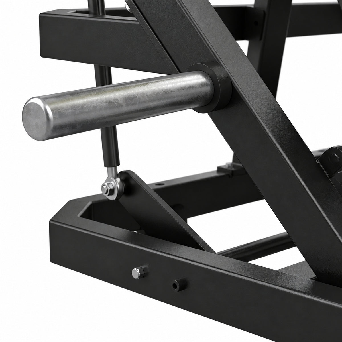 DHZ Y900 Y910L Decline-Brustpresse (Low Chest Press) mit Einstiegshilfe – Detail von Rahmen und Hantelscheibenablage