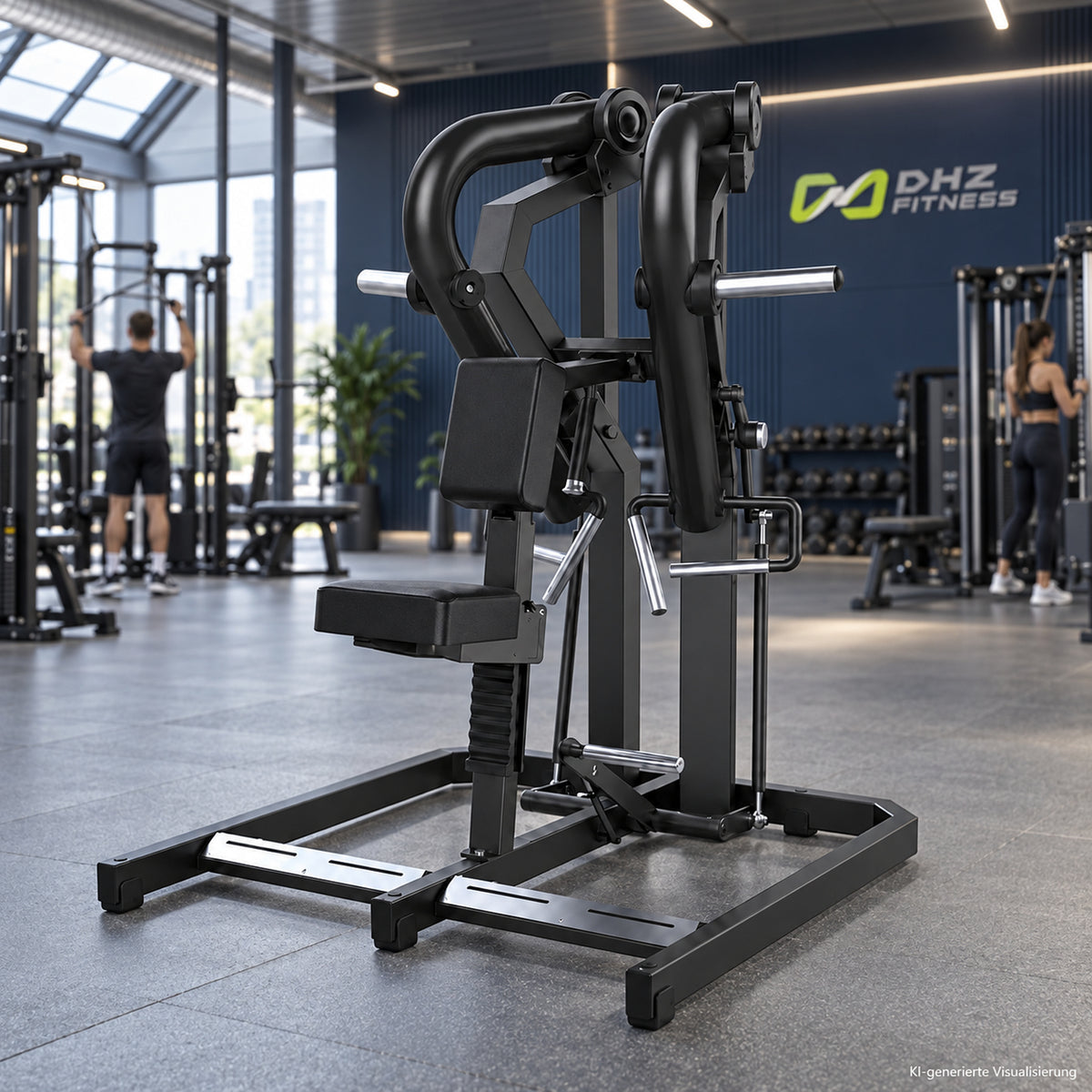 DHZ Y900 Y925L Rudergerät (Low Row) mit Einstiegshilfe in Schwarz-Schwarz in einem modernen Fitnessstudio – KI-generierte Visualisierung
