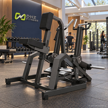 DHZ Y900 Y930L Rudermaschine (Row) mit Einstiegshilfe in Schwarz-Schwarz in einem modernen Fitnessstudio – KI-generierte Visualisierung