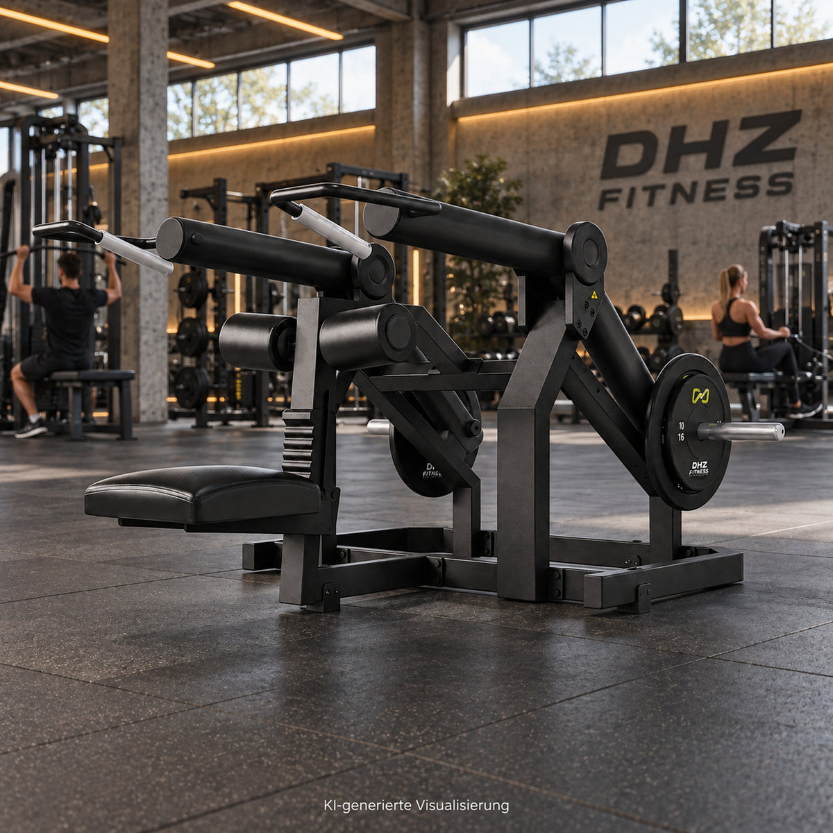 DHZ Y900 Y965 Sitzende Dip-Maschine (Seated Dip) in Schwarz-Schwarz in einem modernen Fitnessstudio – KI-generierte Visualisierung