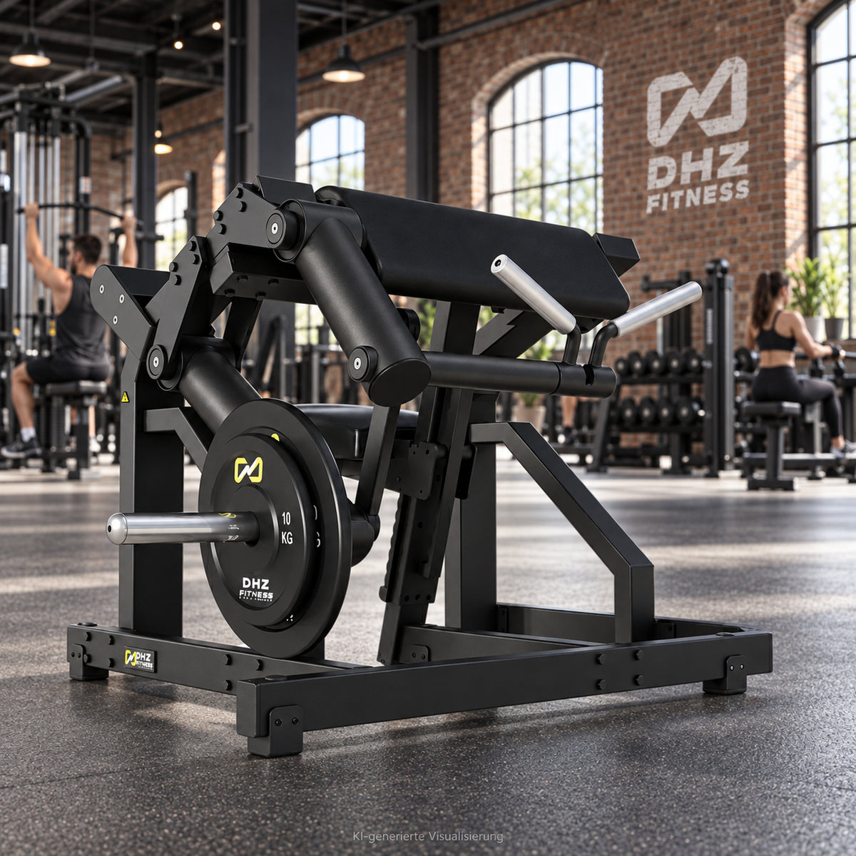 DHZ Y900 Y970 Bizepsmaschine (Biceps Curl) in Schwarz-Schwarz in einem modernen Fitnessstudio – KI-generierte Visualisierung