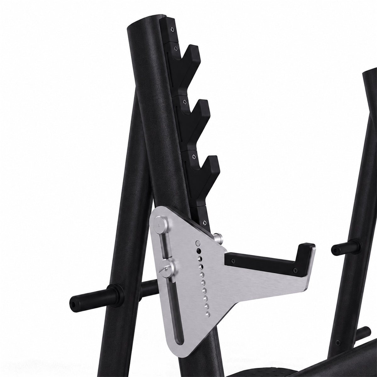 DHZ TITAN Extreme T932 Olympic Incline Bench – Professionelle olympische Schrägbank mit Hantelablagen – olympic incline bench langhantelbank obsidian black langhantelablage detail