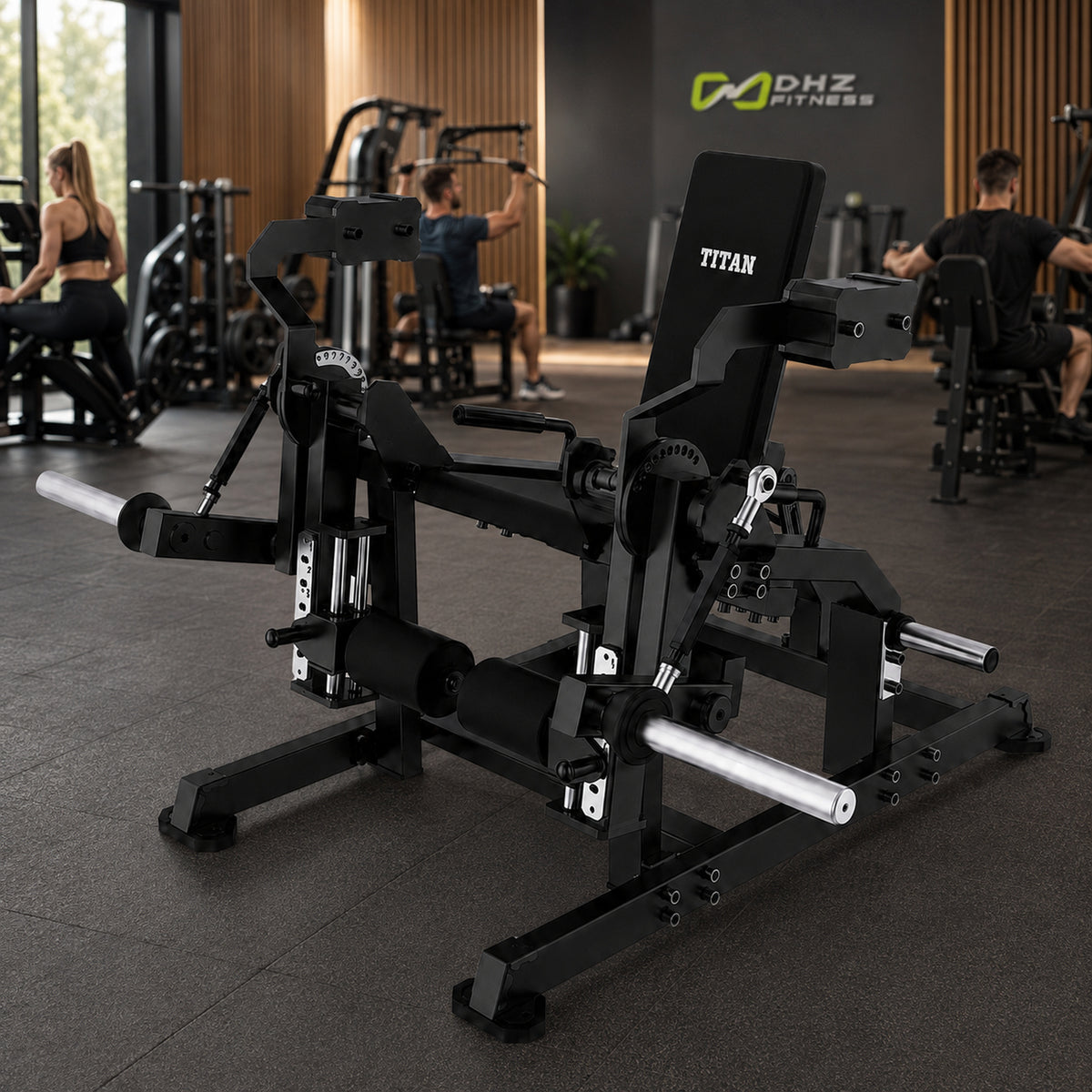 DHZ TITAN Mechanix Y961ZAG Leg Extension – Plate Loaded Beinstrecker – dhz titan mechanix y961zag leg extension obsidian black premium fitnessstudio – KI-generierte Studioszene