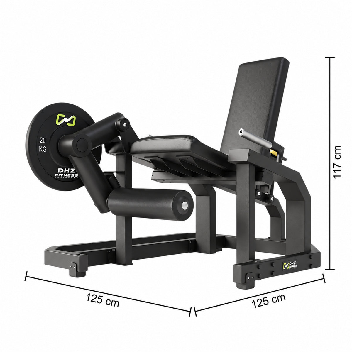 DHZ Y900 Y960 Beinstrecker (Leg Extension) in Schwarz-Schwarz – Maßzeichnung mit Geräteabmessungen