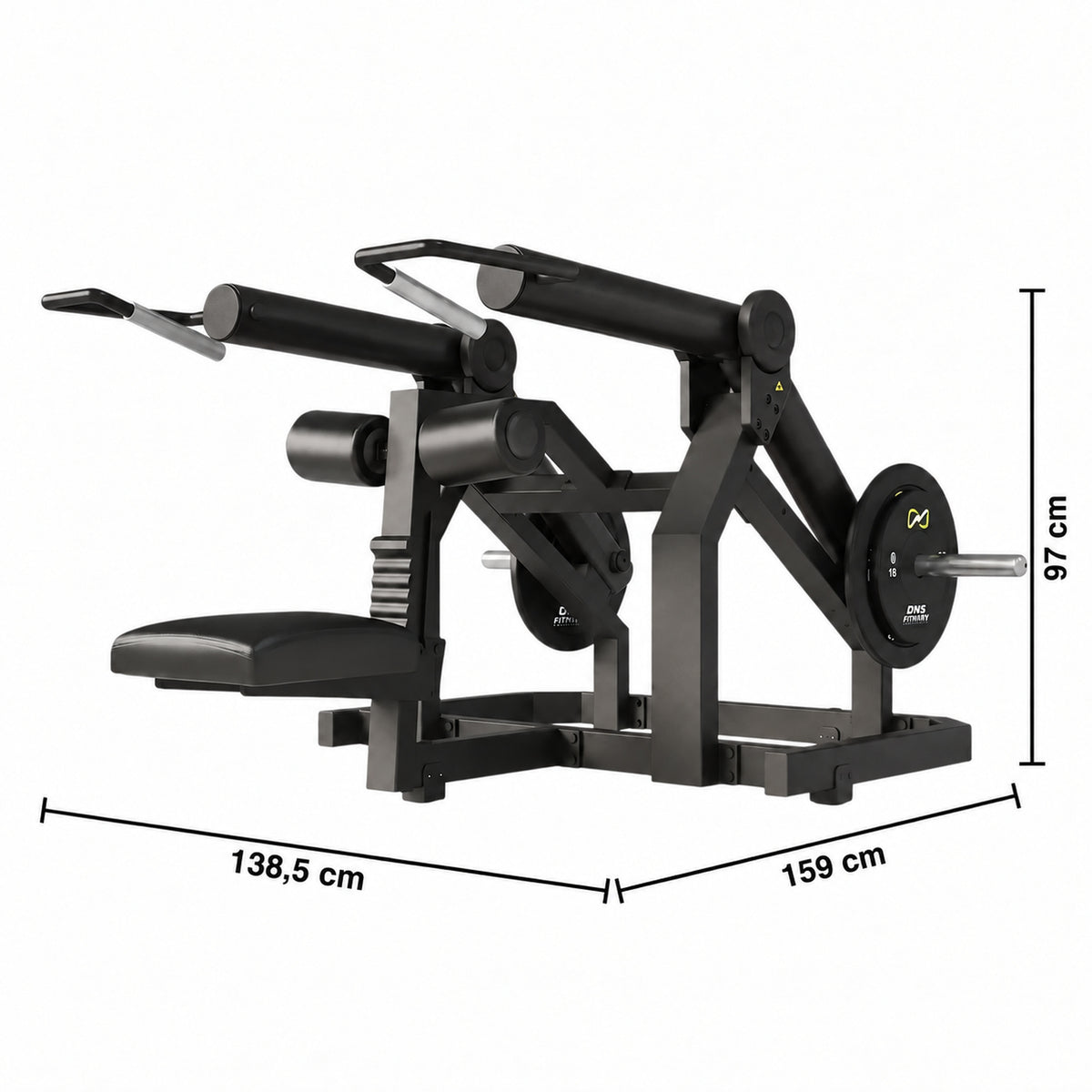 DHZ Y900 Y965 Sitzende Dip-Maschine (Seated Dip) in Schwarz-Schwarz – Maßzeichnung mit Geräteabmessungen