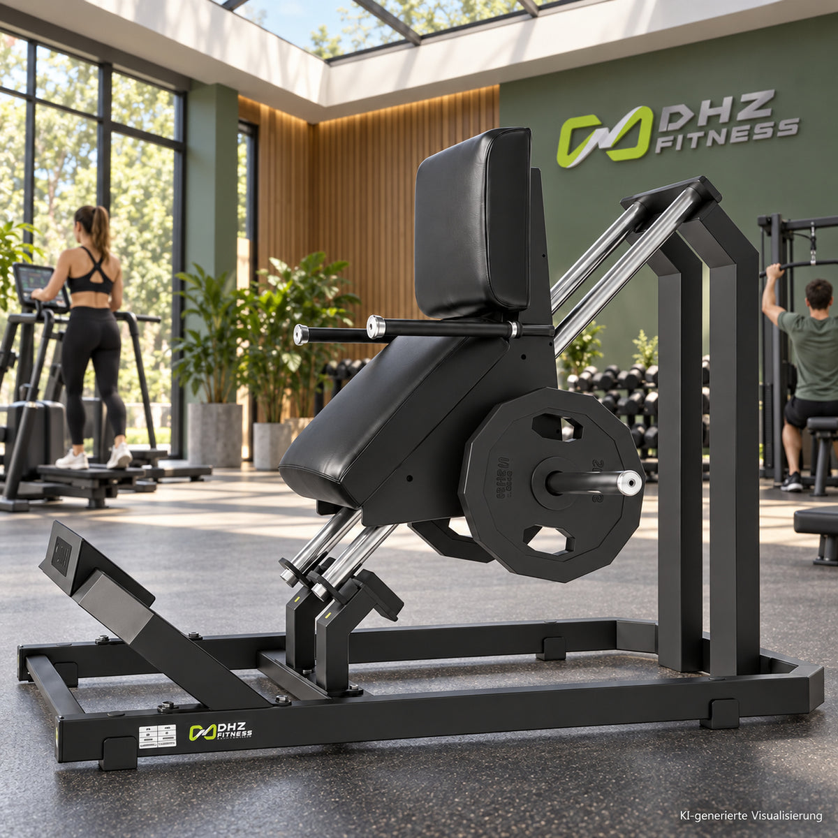 DHZ Y900 Y945 Wadenmaschine (Calf) in Schwarz-Schwarz in einem modernen Fitnessstudio – KI-generierte Visualisierung