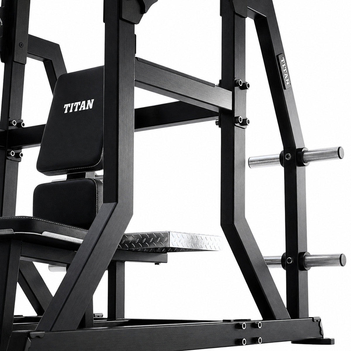 DHZ TITAN Mechanix Y974ZA Olympic Military Bench - Plate Loaded Schulterpresse Bank für Langhanteltraining – olympic military bench obsidian black rahmen hantelablage detail