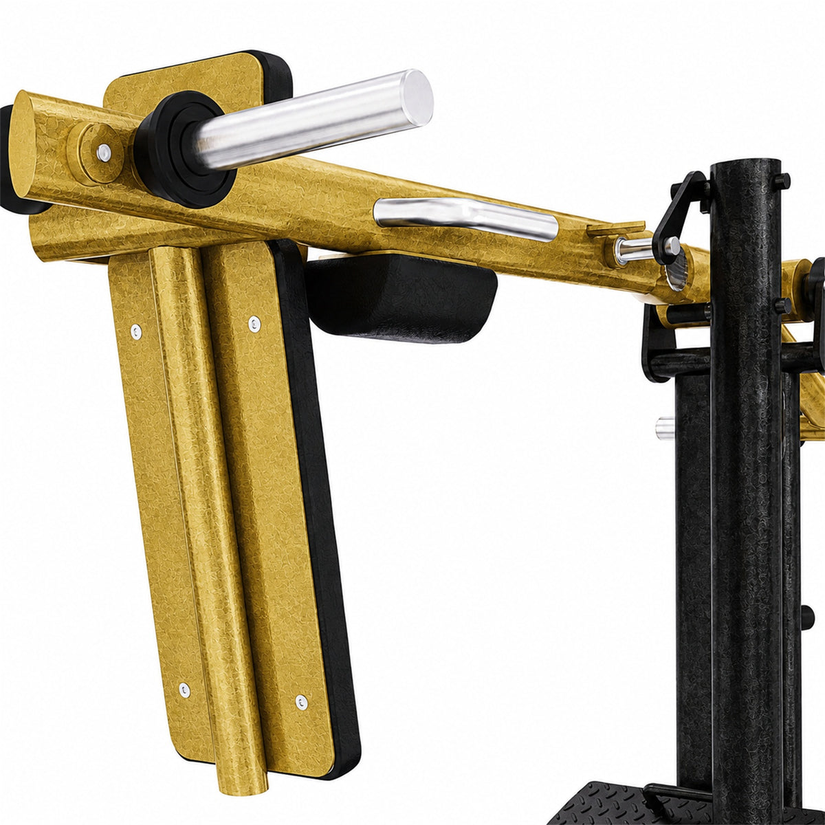 DHZ TITAN Extreme T916 Pendulum Squat – Kniebeugenmaschine für Bein- und Gesäßtraining – pendulum squat beintraining schwarz gold schulterpolster detail