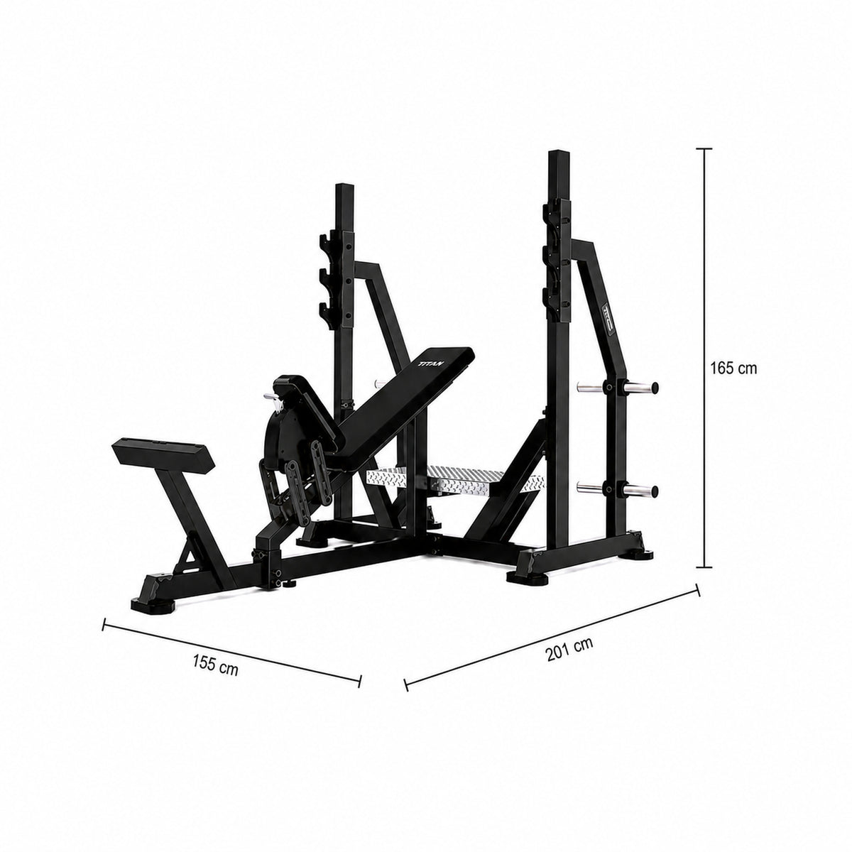 DHZ TITAN Mechanix Y971ZA Olympic Incline Bench - Plate Loaded Schrägbank für Langhanteltraining – olympic incline bench obsidian black abmessungen