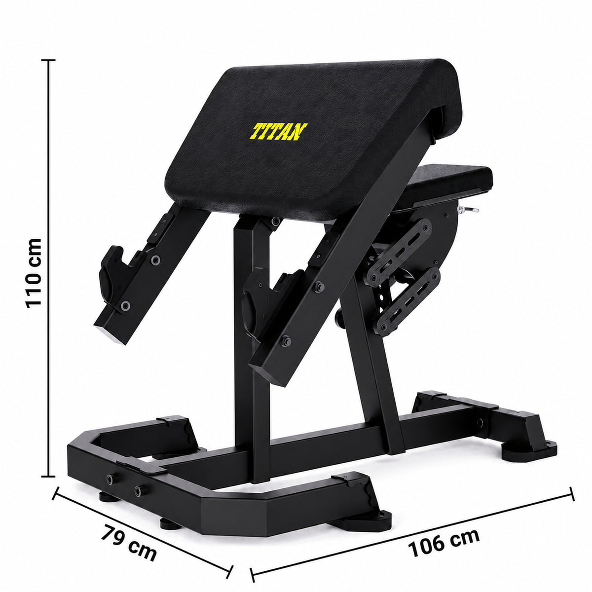DHZ TITAN Mechanix Y976ZA Seated Preacher Curl - Plate Loaded Bizepsbank für isoliertes Armtraining – seated preacher curl obsidian black abmessungen