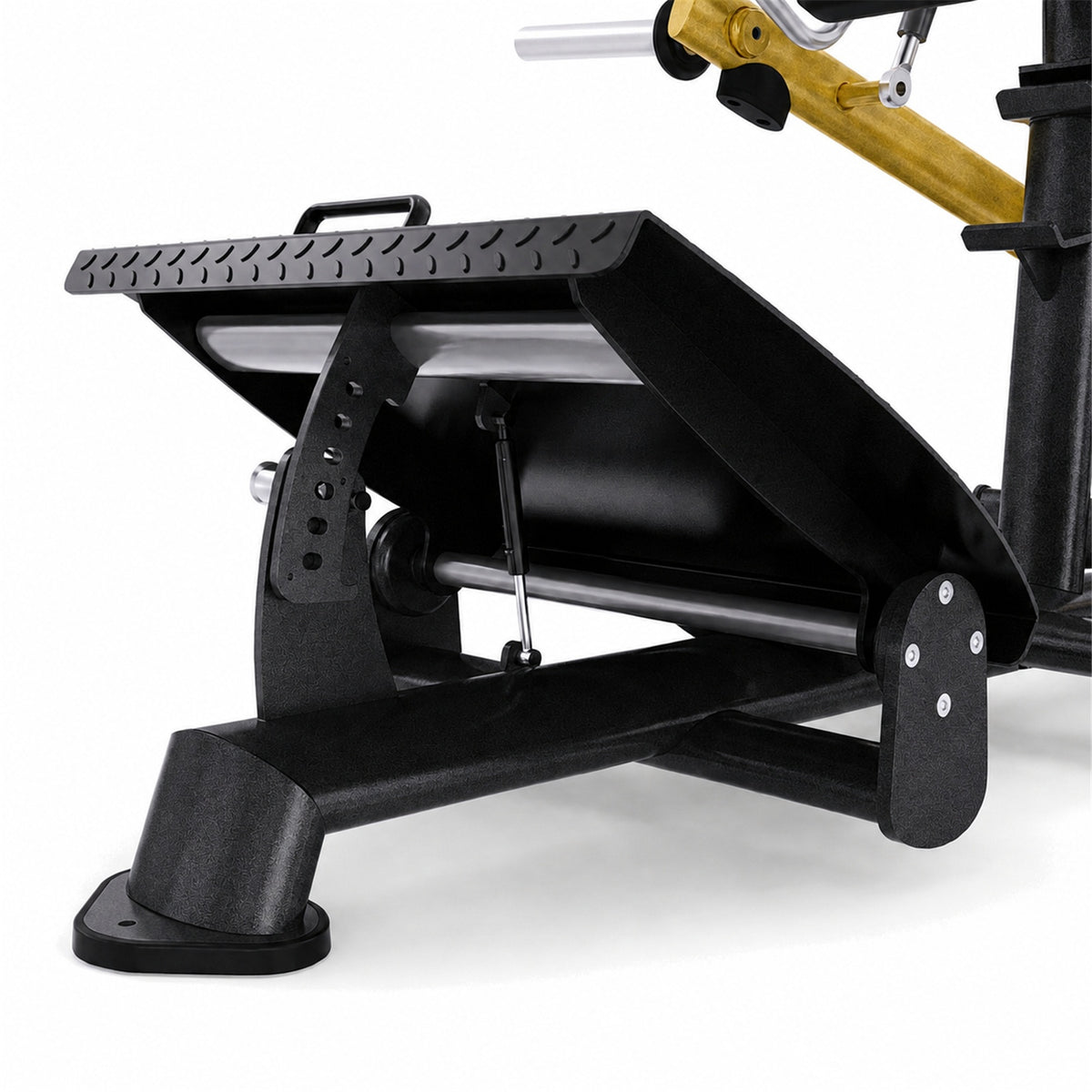 DHZ TITAN Extreme T911 Power Squat – Kniebeugenmaschine für Bein- und Gesäßtraining – power squat schwarz gold fussplatte detail
