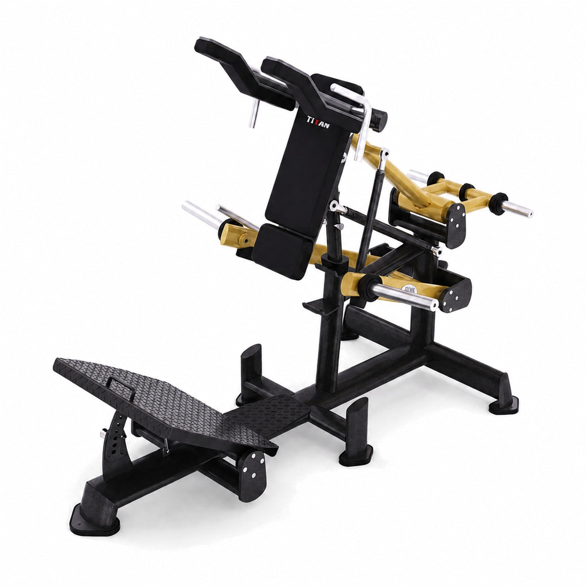 DHZ TITAN Extreme T911 Power Squat – Kniebeugenmaschine für Bein- und Gesäßtraining – power squat schwarz gold perspektivansicht