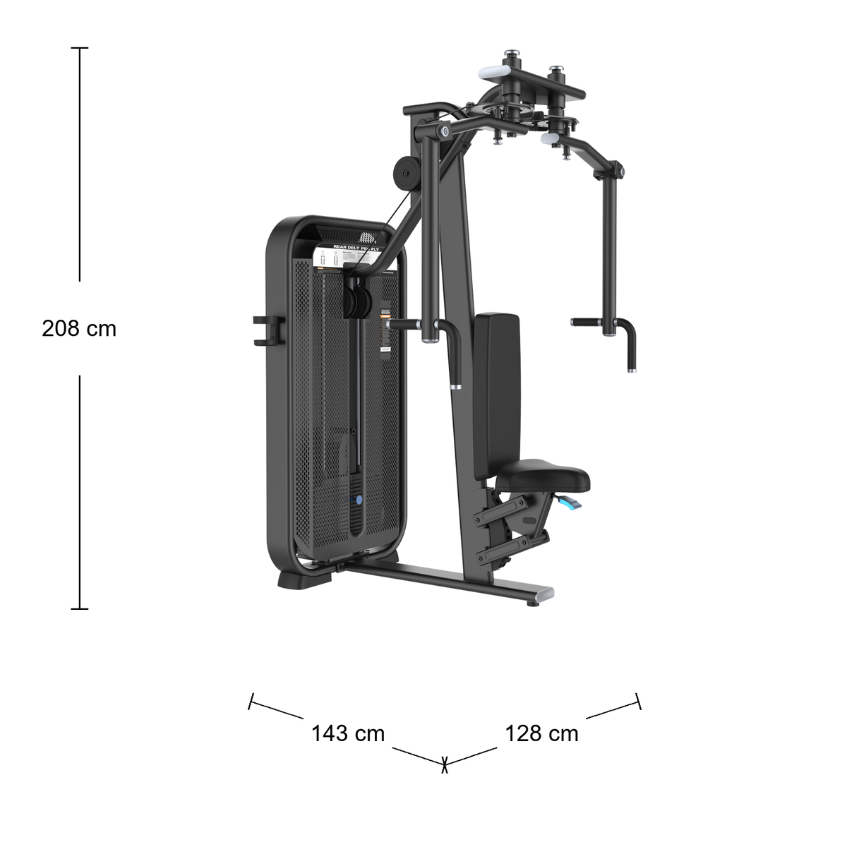 DHZ E7007 Rear Delt / Pec Fly – Abmessungen: Breite 143 cm, Tiefe 128 cm, Höhe 208 cm; schematische Draufsicht