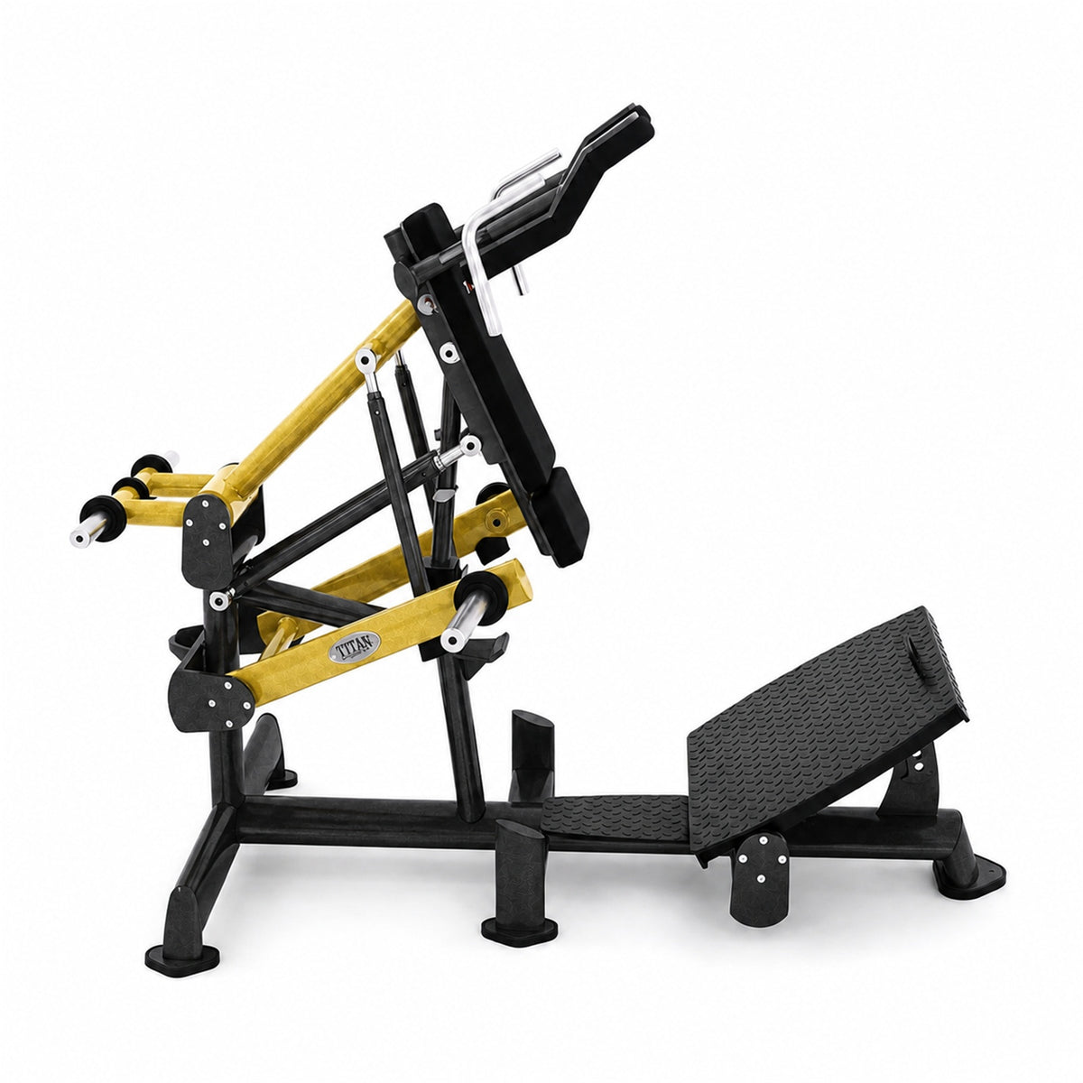 DHZ TITAN Extreme T911 Power Squat – Kniebeugenmaschine für Bein- und Gesäßtraining – power squat schwarz gold seitenansicht