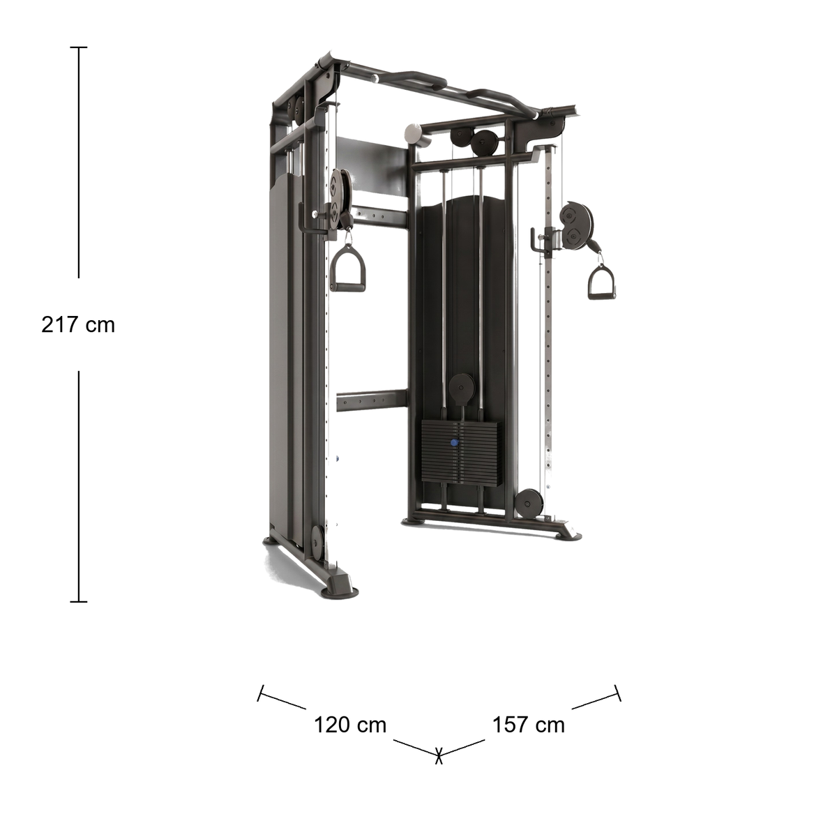 DHZ U2017 Dual Adjustable Pulley – Abmessungen: Breite 120 cm, Tiefe 157 cm, Höhe 217 cm; schematische Draufsicht
