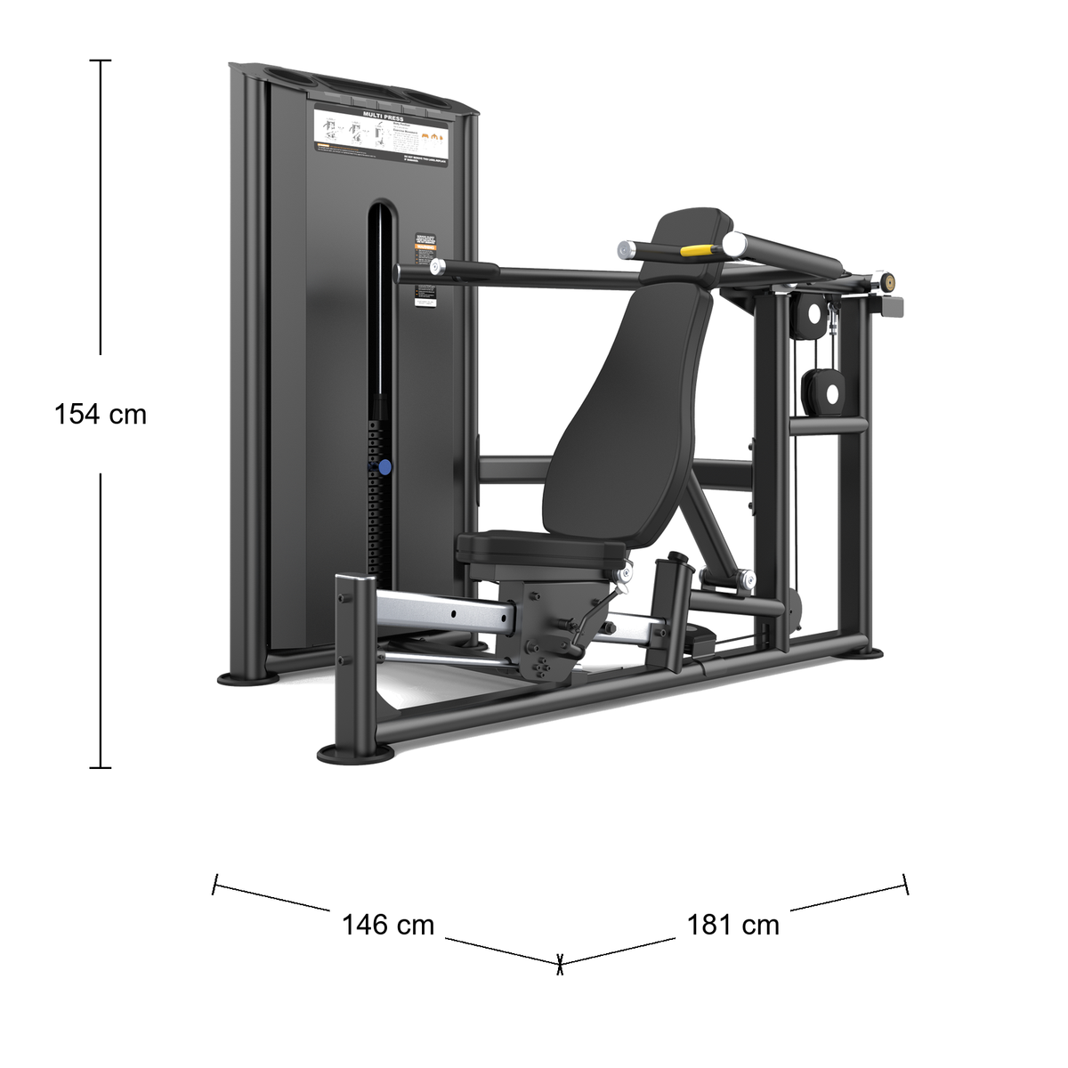DHZ U2084 Chest & Shoulder Press – Abmessungen: Breite 146 cm, Tiefe 181 cm, Höhe 154 cm; schematische Draufsicht
