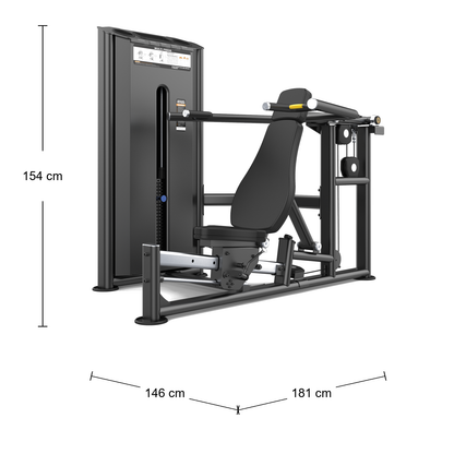 DHZ U2084 Chest & Shoulder Press – Abmessungen: Breite 146 cm, Tiefe 181 cm, Höhe 154 cm; schematische Draufsicht