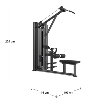 DHZ U2085 Lat & Pull – Abmessungen: Breite 115 cm, Tiefe 197 cm, Höhe 224 cm; schematische Draufsicht