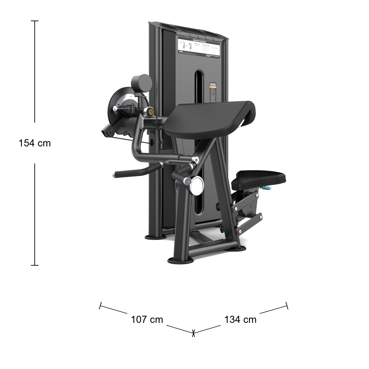 DHZ U2087 Camber Curl & Triceps – Abmessungen: Breite 107 cm, Tiefe 134 cm, Höhe 154 cm; schematische Draufsicht
