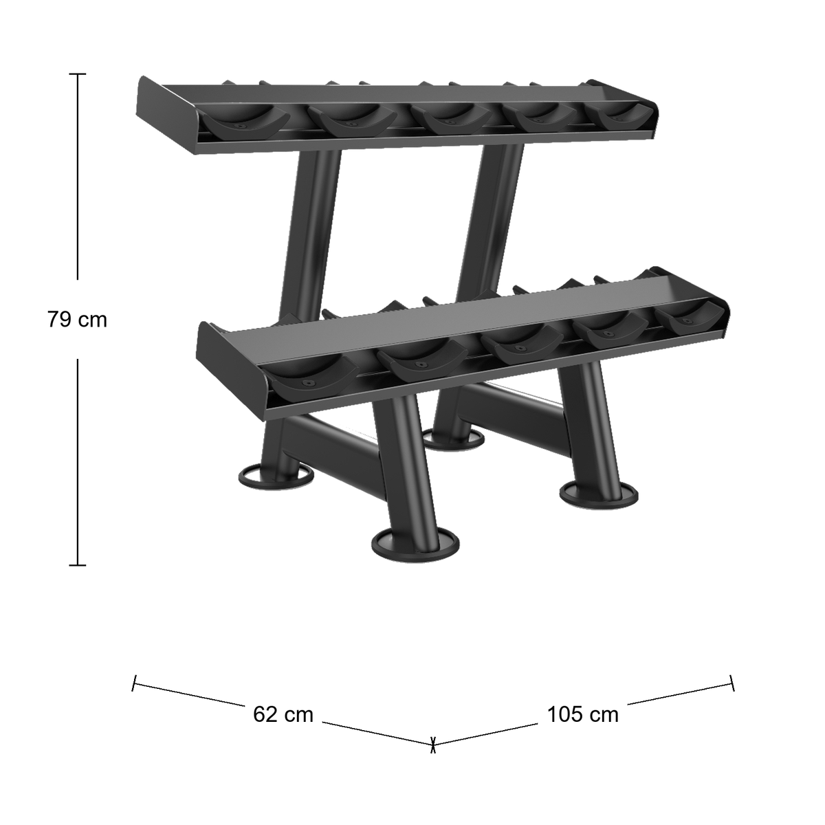 DHZ U2077S Kurzhantelablage – Abmessungen: Breite 62 cm, Tiefe 105 cm, Höhe 79 cm; schematische Draufsicht