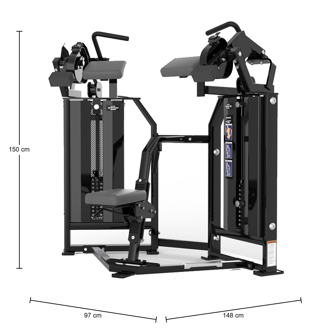 DHZ D-FORCE PM2037 Biceps Curl – Dual Weight Stack Bizepsmaschine – Maßzeichnung mit Geräteabmessungen