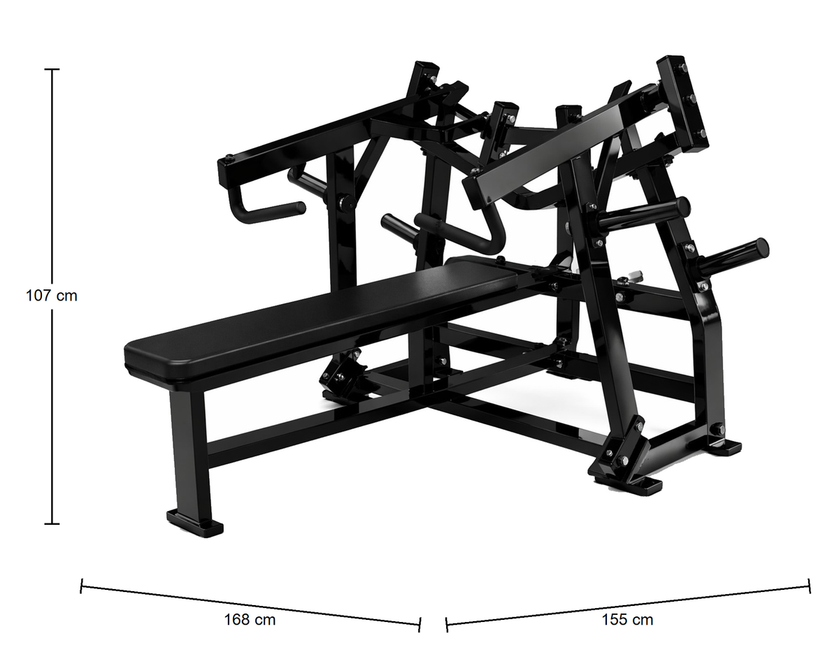DHZ P-FORCE PM2007 Iso-Lateral Horizontal Bench Press – Plate Loaded Iso-Laterale horizontale Brustpresse – Abmessungen des Fitnessgeräts