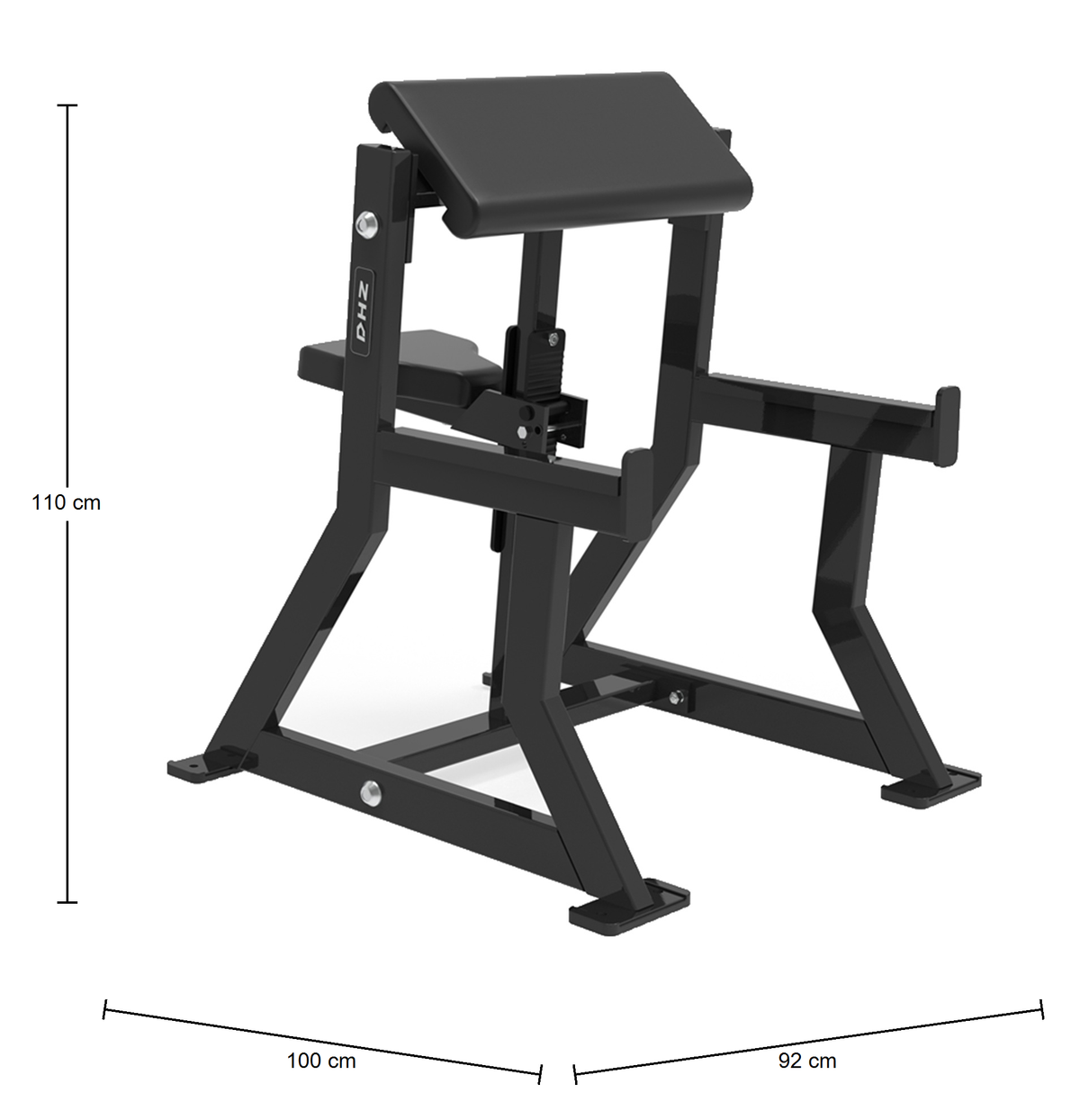 DHZ S-FORCE PM3018 Preacher Curl Bench – Freihantel Scottbank – Abmessungen des Fitnessgeräts