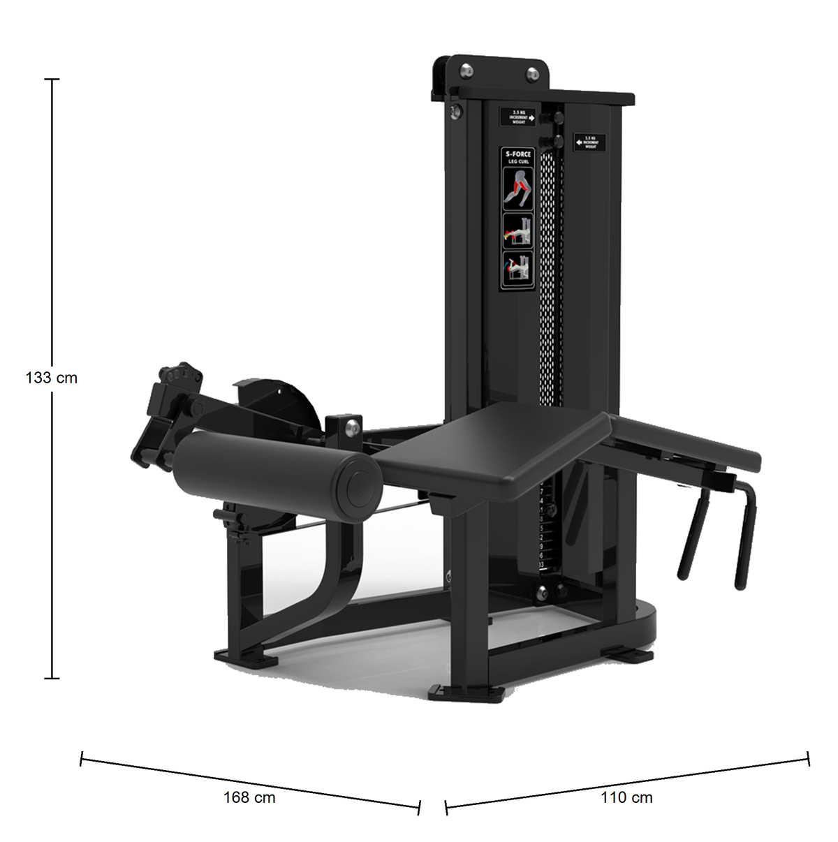 DHZ S-FORCE SM5001 Prone Leg Curl – Gewichtsblock Liegender Beinbeuger – Abmessungen des Fitnessgeräts