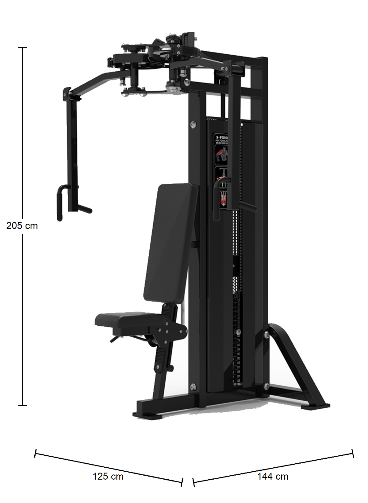 DHZ S-FORCE SM5007 Dual Rear Delt & Pec Fly – Gewichtsblock Dual Butterfly Reverse und Pec Fly – Abmessungen des Fitnessgeräts
