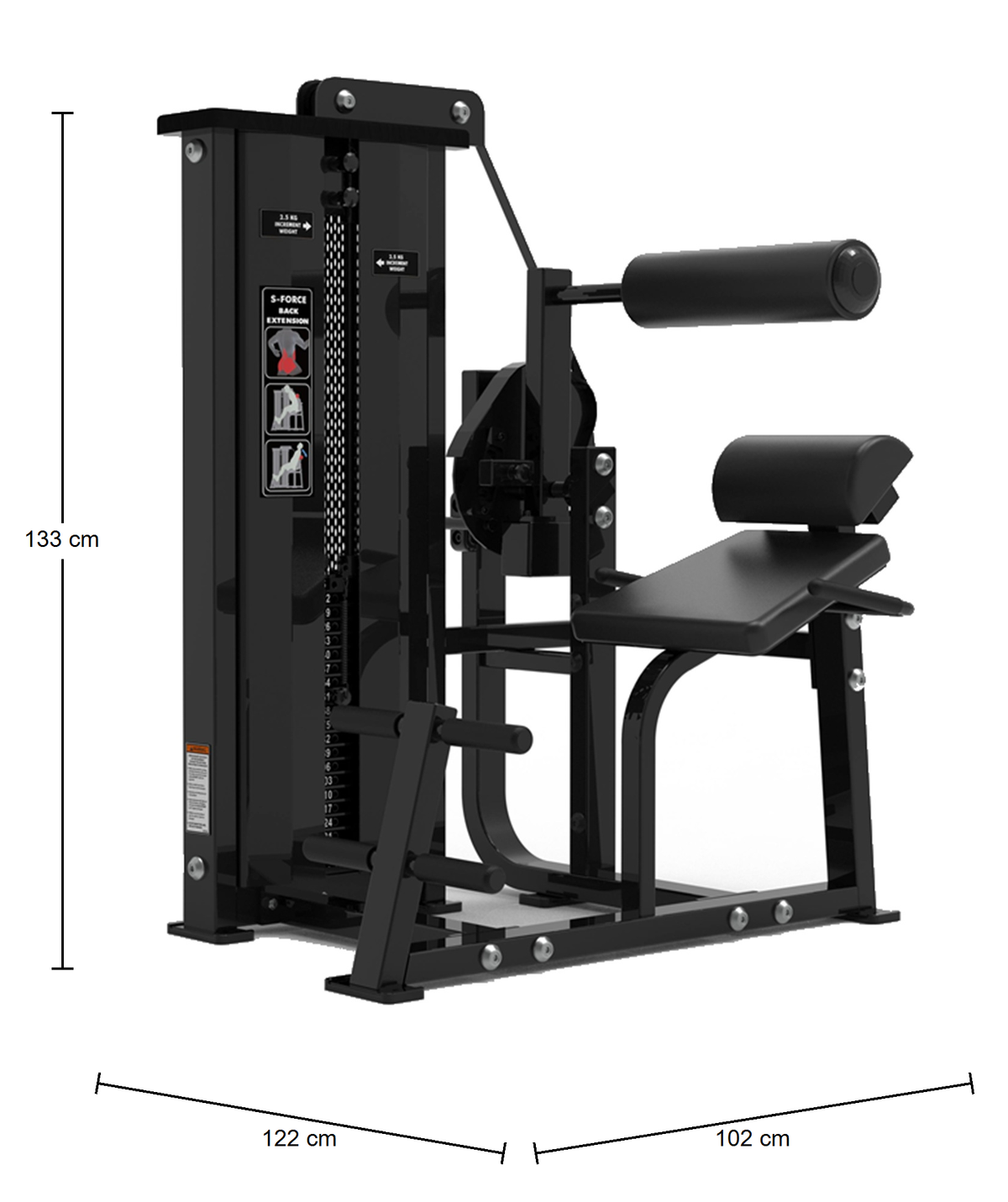 DHZ S-FORCE SM5031 Back Extension – Gewichtsblock Rückenstrecker – Abmessungen des Fitnessgeräts